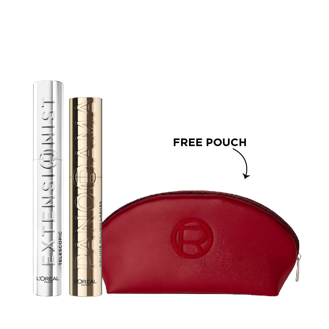 Telescopic Extensionist Mascara Black + Voluminous Panorama Volumizing & Lengthening Mascara + Gift - Cannes Red Pouch